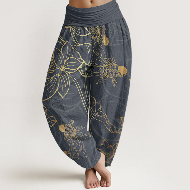 Buddha Stones Damen-Haremshose aus reiner Baumwolle mit Lotusblatt und Koi-Fisch und elastischer Taille