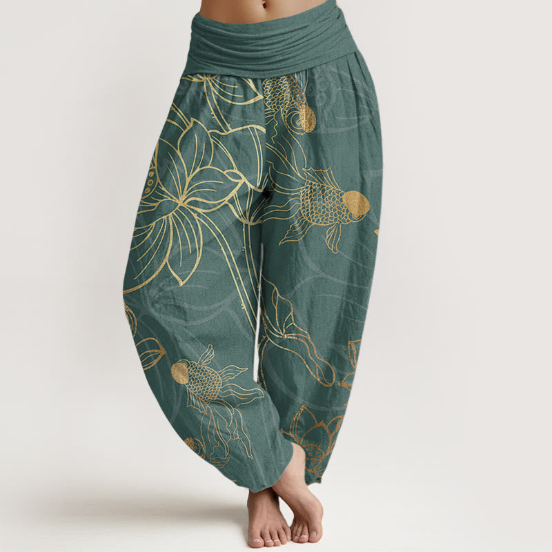 Buddha Stones Damen-Haremshose aus reiner Baumwolle mit Lotusblatt und Koi-Fisch und elastischer Taille