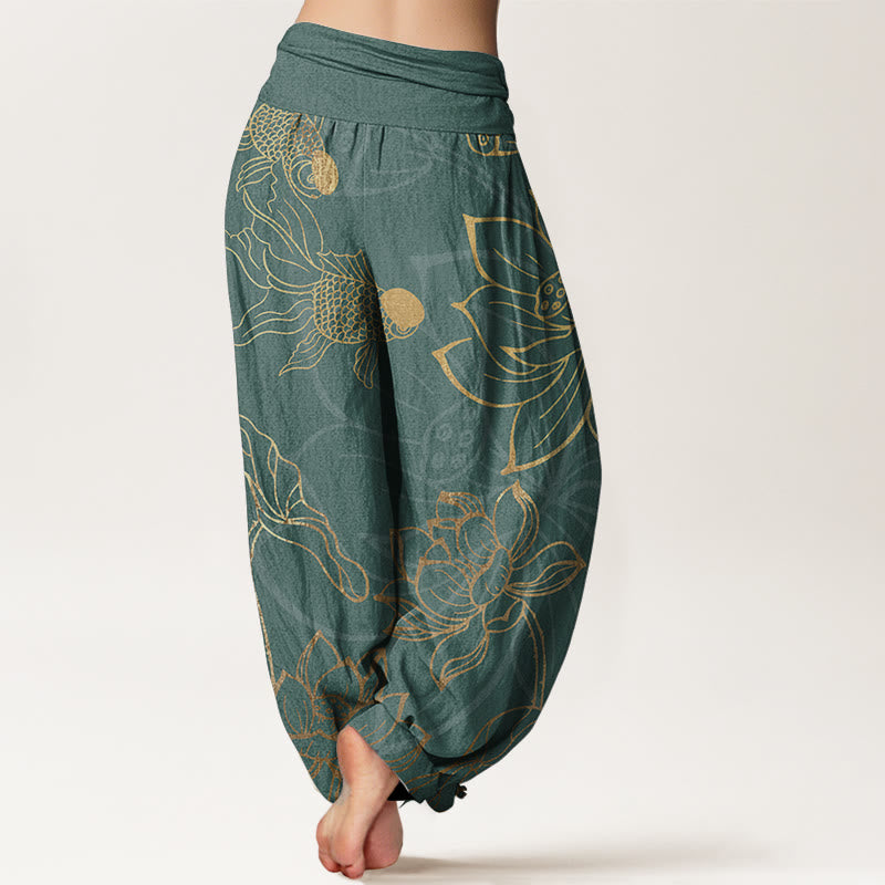 Buddha Stones Damen-Haremshose aus reiner Baumwolle mit Lotusblatt und Koi-Fisch und elastischer Taille