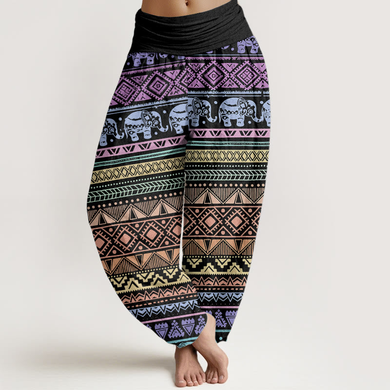 Buddha Stones Damen-Haremshose aus reiner Baumwolle mit Elefanten-Motiv, geometrische Figur, elastische Taille - Schwarz - US22, UK/AU26,EU54 (6XL) - image 1