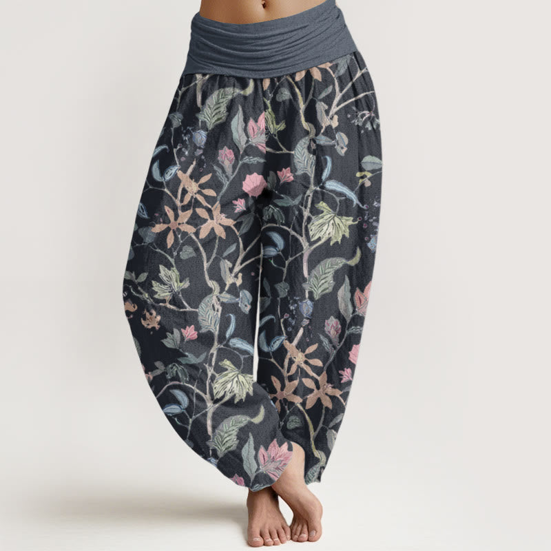 Buddha Stones Damen-Haremshose aus reiner Baumwolle mit Blumen- und Blattranken-Design und elastischer Taille - Stahlblau - US22, UK/AU26,EU54 (6XL) - image 1