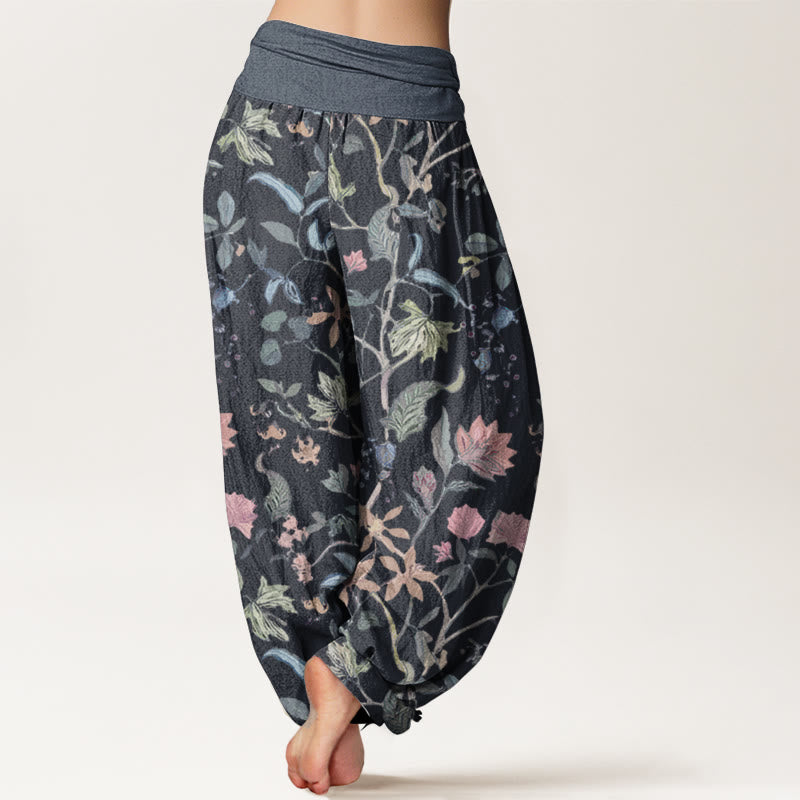 Buddha Stones Damen-Haremshose aus reiner Baumwolle mit Blumen- und Blattranken-Design und elastischer Taille