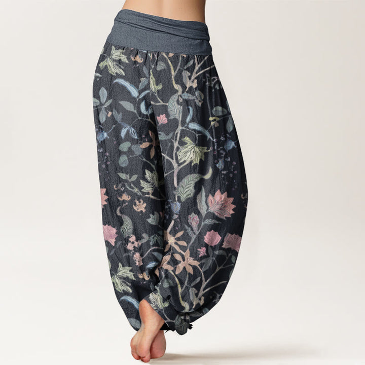 Buddha Stones Damen-Haremshose aus reiner Baumwolle mit Blumen- und Blattranken-Design und elastischer Taille