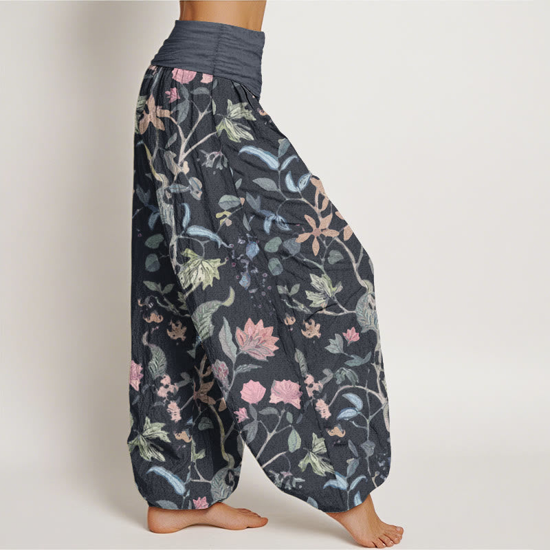 Buddha Stones Damen-Haremshose aus reiner Baumwolle mit Blumen- und Blattranken-Design und elastischer Taille