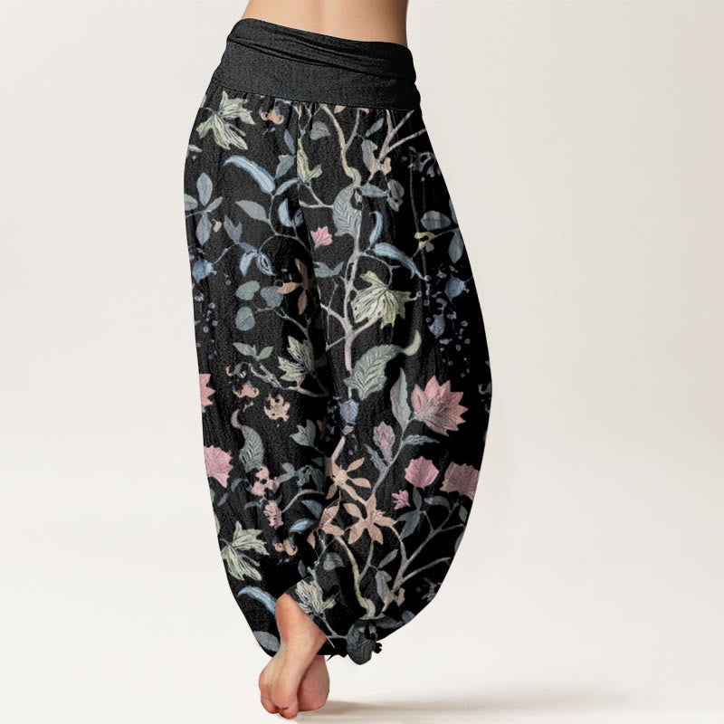 Buddha Stones Damen-Haremshose aus reiner Baumwolle mit Blumen- und Blattranken-Design und elastischer Taille