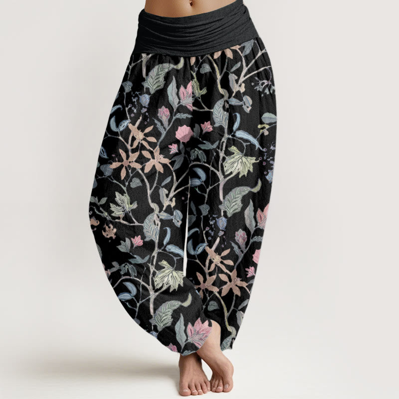 Buddha Stones Damen-Haremshose aus reiner Baumwolle mit Blumen- und Blattranken-Design und elastischer Taille