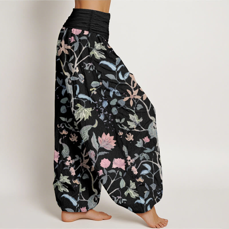 Buddha Stones Damen-Haremshose aus reiner Baumwolle mit Blumen- und Blattranken-Design und elastischer Taille