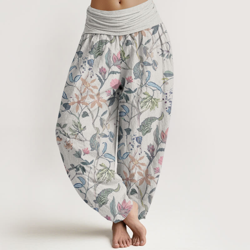 Buddha Stones Damen-Haremshose aus reiner Baumwolle mit Blumen- und Blattranken-Design und elastischer Taille