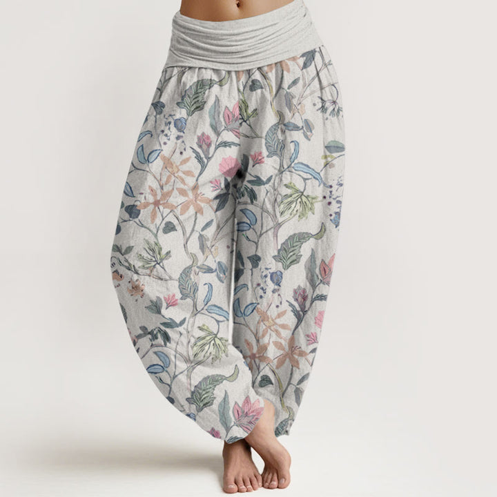 Buddha Stones Damen-Haremshose aus reiner Baumwolle mit Blumen- und Blattranken-Design und elastischer Taille