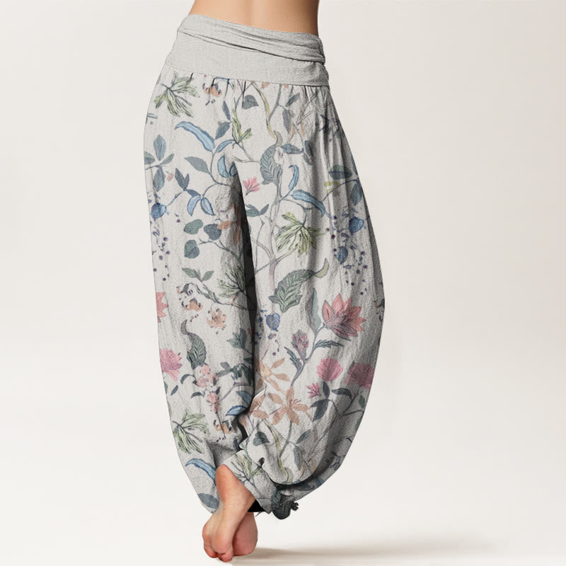 Buddha Stones Damen-Haremshose aus reiner Baumwolle mit Blumen- und Blattranken-Design und elastischer Taille