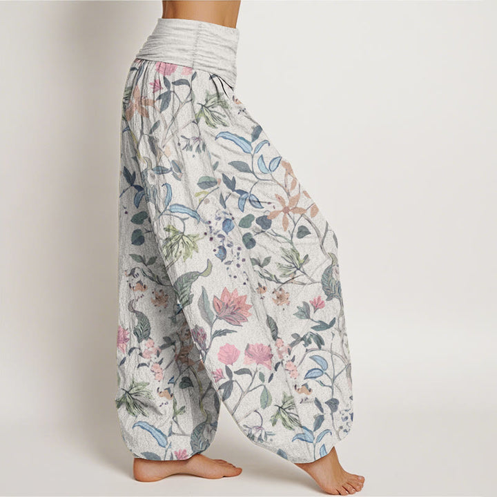 Buddha Stones Damen-Haremshose aus reiner Baumwolle mit Blumen- und Blattranken-Design und elastischer Taille