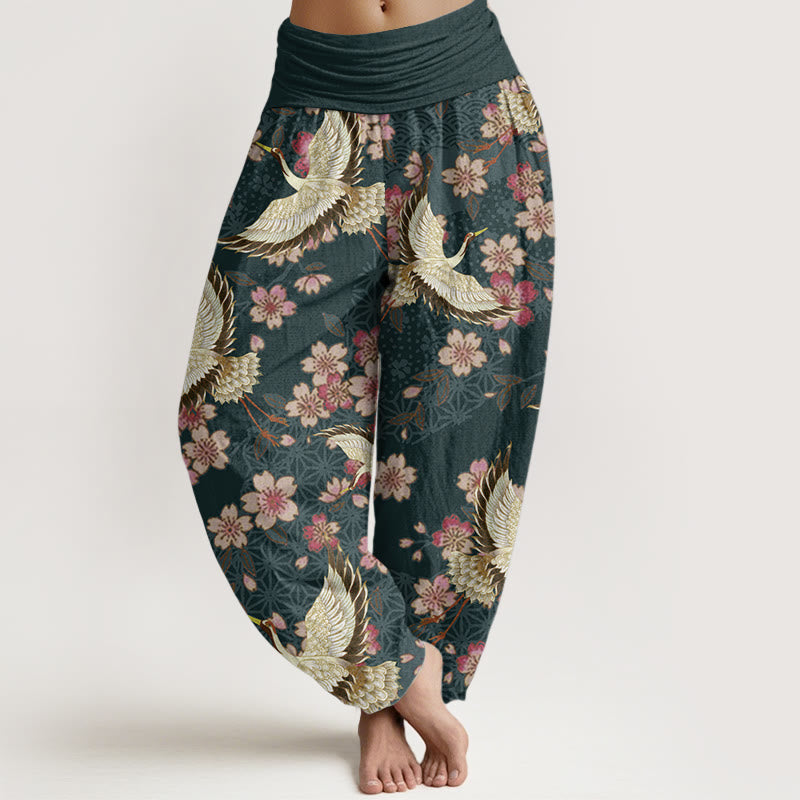 Buddha Stones Damen-Haremshose aus reiner Baumwolle mit Kranich-Pfirsichblüten-Muster und elastischer Taille - Dunkelgrün - US22, UK/AU26,EU54 (6XL) - image 1