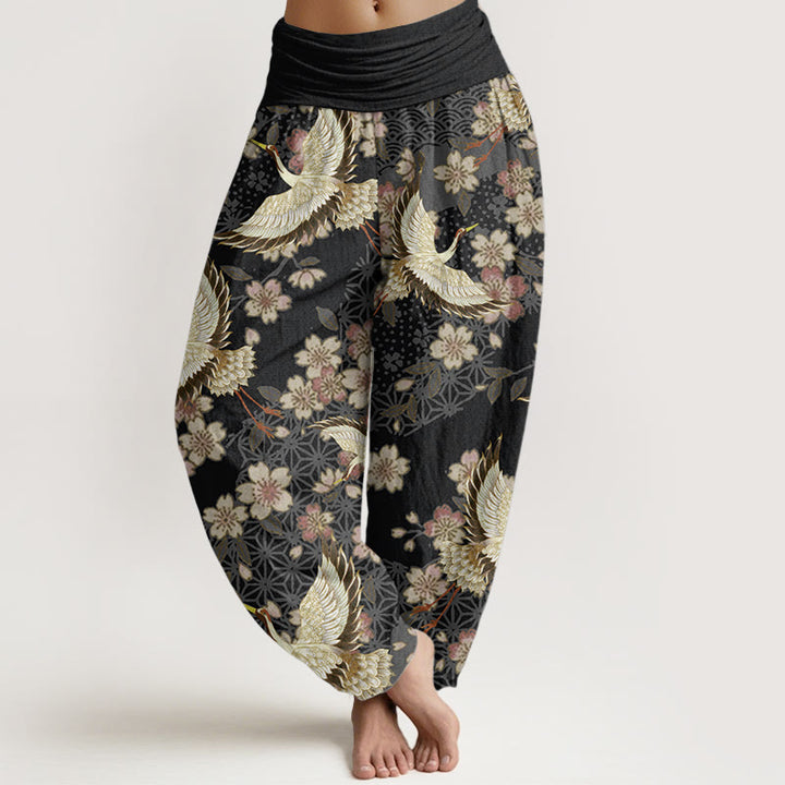 Buddha Stones Damen-Haremshose aus reiner Baumwolle mit Kranich-Pfirsichblüten-Muster und elastischer Taille - Schwarz - US22, UK/AU26,EU54 (6XL) - image 10