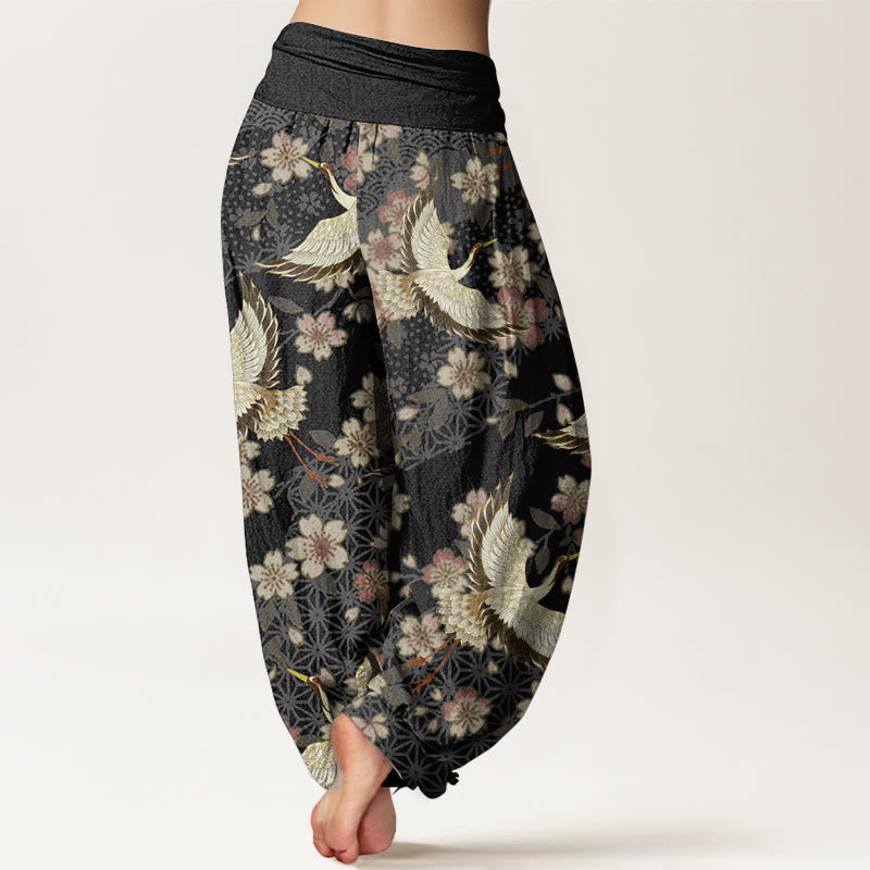 Buddha Stones Damen-Haremshose aus reiner Baumwolle mit Kranich-Pfirsichblüten-Muster und elastischer Taille - image 11
