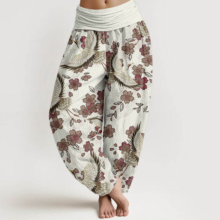 Buddha Stones Damen-Haremshose aus reiner Baumwolle mit Kranich-Pfirsichblüten-Muster und elastischer Taille - Maisseide - US22, UK/AU26,EU54 (6XL) - image 7