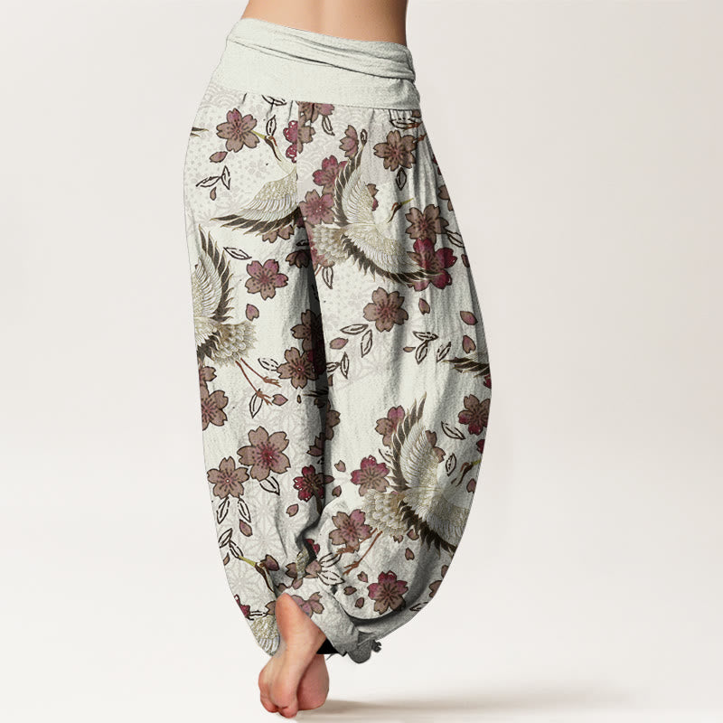 Buddha Stones Damen-Haremshose aus reiner Baumwolle mit Kranich-Pfirsichblüten-Muster und elastischer Taille
