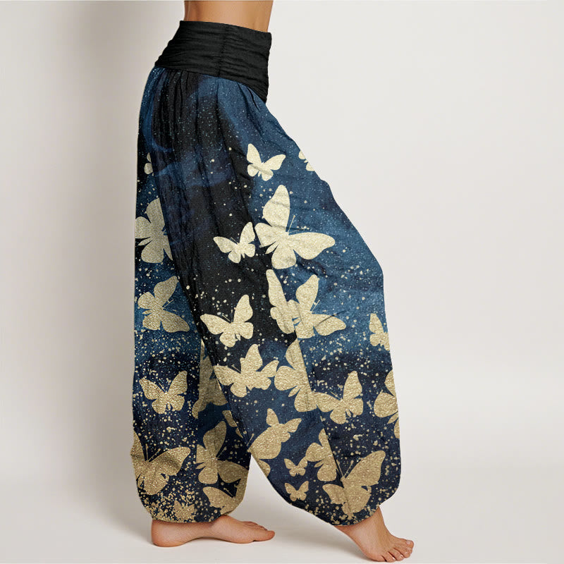 Buddha Stones Damen-Haremshose aus reiner Baumwolle mit goldenem Schmetterlingsmuster und elastischer Taille