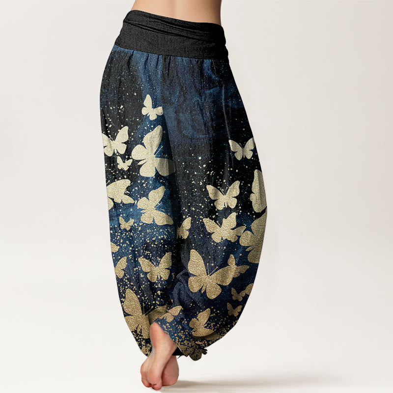Buddha Stones Damen-Haremshose aus reiner Baumwolle mit goldenem Schmetterlingsmuster und elastischer Taille
