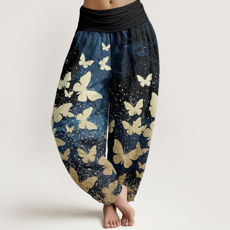 Buddha Stones Damen-Haremshose aus reiner Baumwolle mit goldenem Schmetterlingsmuster und elastischer Taille - DodgerBlue - US22, UK/AU26,EU54 (6XL) - image 1