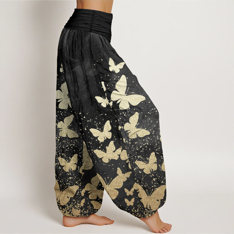 Buddha Stones Damen-Haremshose aus reiner Baumwolle mit goldenem Schmetterlingsmuster und elastischer Taille