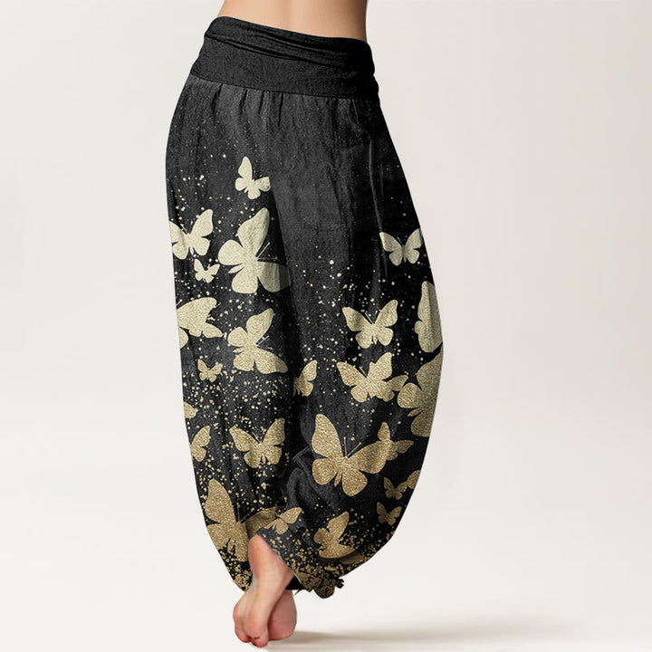 Buddha Stones Damen-Haremshose aus reiner Baumwolle mit goldenem Schmetterlingsmuster und elastischer Taille