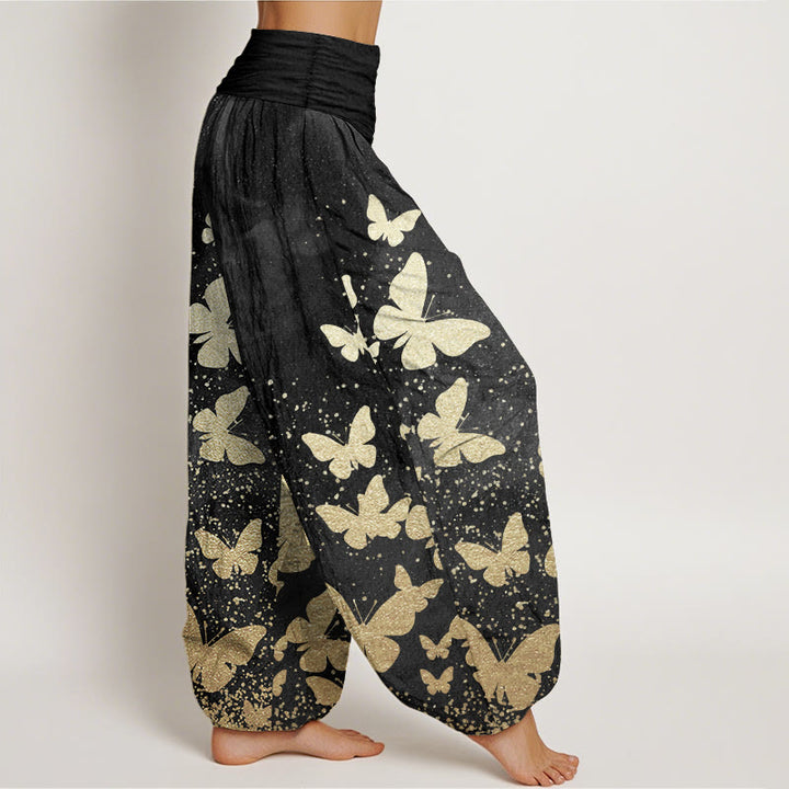Buddha Stones Damen-Haremshose aus reiner Baumwolle mit goldenem Schmetterlingsmuster und elastischer Taille - image 12