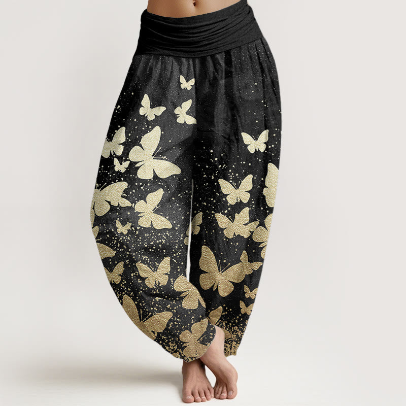 Buddha Stones Damen-Haremshose aus reiner Baumwolle mit goldenem Schmetterlingsmuster und elastischer Taille - Schwarz - US22, UK/AU26,EU54 (6XL) - image 10
