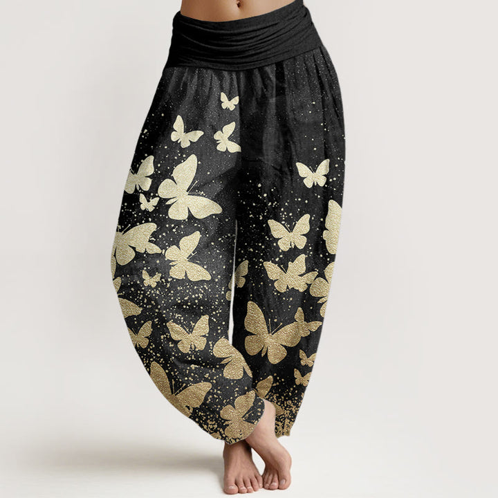 Buddha Stones Damen-Haremshose aus reiner Baumwolle mit goldenem Schmetterlingsmuster und elastischer Taille - Schwarz - US22, UK/AU26,EU54 (6XL) - image 10