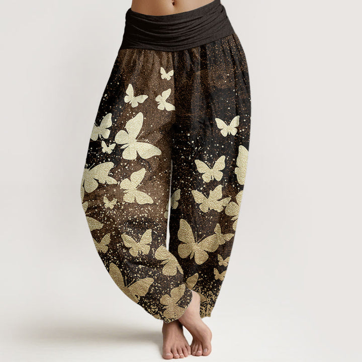 Buddha Stones Damen-Haremshose aus reiner Baumwolle mit goldenem Schmetterlingsmuster und elastischer Taille