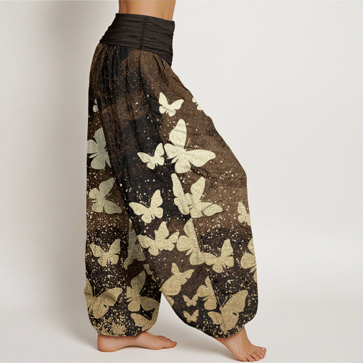 Buddha Stones Damen-Haremshose aus reiner Baumwolle mit goldenem Schmetterlingsmuster und elastischer Taille