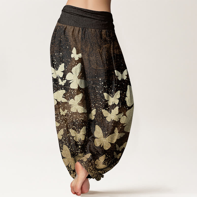 Buddha Stones Damen-Haremshose aus reiner Baumwolle mit goldenem Schmetterlingsmuster und elastischer Taille - image 8