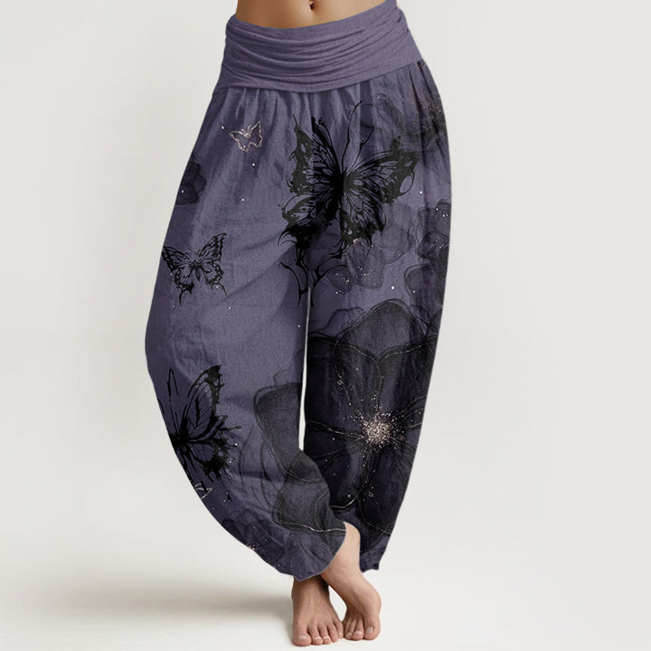 Buddha Stones Damen-Haremshose aus reiner Baumwolle mit Schmetterlings- und Blumenmuster und elastischer Taille - Dunkelviolett - US22, UK/AU26, EU54 (6XL) - image 0
