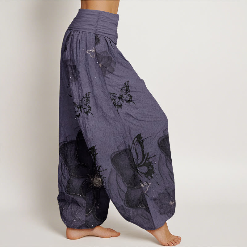 Buddha Stones Damen-Haremshose aus reiner Baumwolle mit Schmetterlings- und Blumenmuster und elastischer Taille