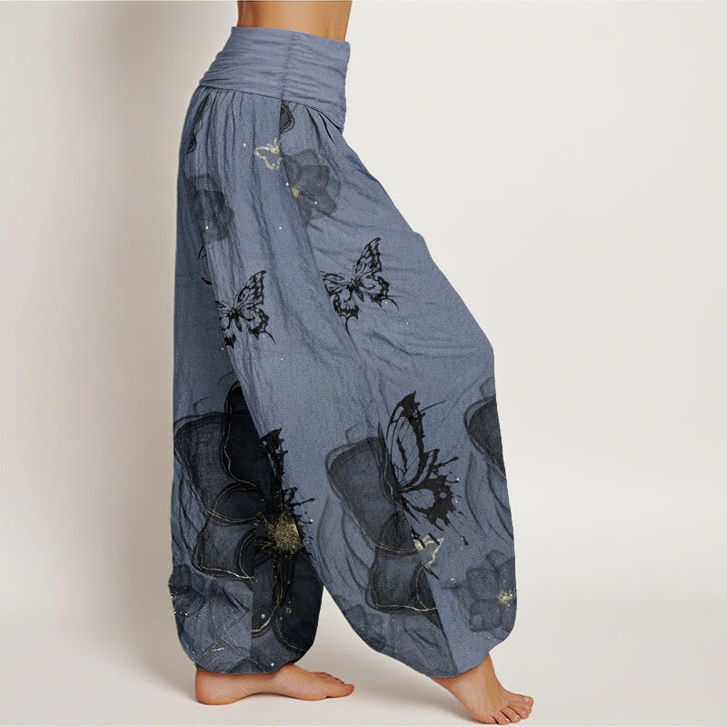 Buddha Stones Damen-Haremshose aus reiner Baumwolle mit Schmetterlings- und Blumenmuster und elastischer Taille