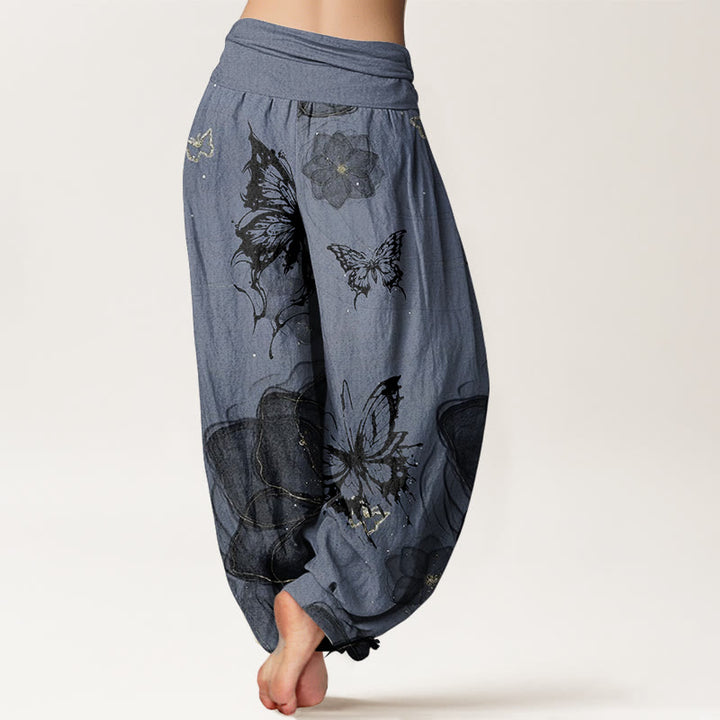 Buddha Stones Damen-Haremshose aus reiner Baumwolle mit Schmetterlings- und Blumenmuster und elastischer Taille