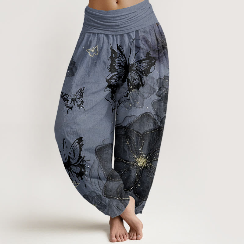 Buddha Stones Damen-Haremshose aus reiner Baumwolle mit Schmetterlings- und Blumenmuster und elastischer Taille