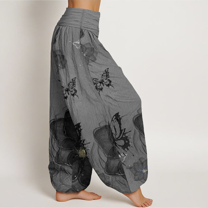 Buddha Stones Damen-Haremshose aus reiner Baumwolle mit Schmetterlings- und Blumenmuster und elastischer Taille