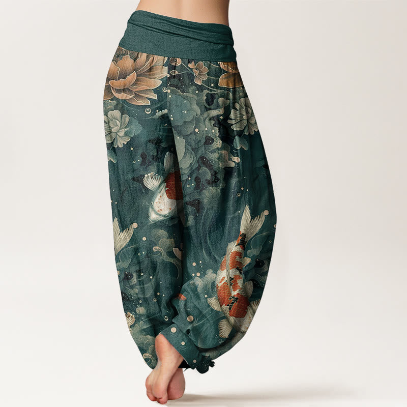 Haremshose für Damen mit elastischer Taille und Buddha Stones aus reiner Baumwolle, buntes Koi-Fisch-Lotusblumen-Design - image 1