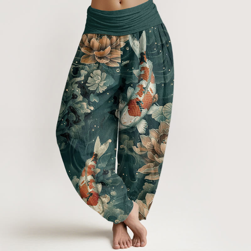 Haremshose für Damen mit elastischer Taille und Buddha Stones aus reiner Baumwolle, buntes Koi-Fisch-Lotusblumen-Design - Hellseegrün - US22, UK/AU26, EU54 (6XL) - image 0