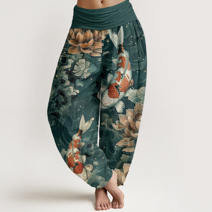 Haremshose für Damen mit elastischer Taille und Buddha Stones aus reiner Baumwolle, buntes Koi-Fisch-Lotusblumen-Design
