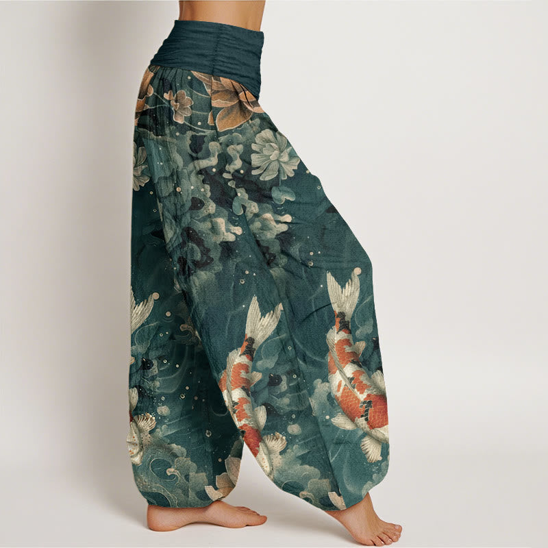Haremshose für Damen mit elastischer Taille und Buddha Stones aus reiner Baumwolle, buntes Koi-Fisch-Lotusblumen-Design - image 3