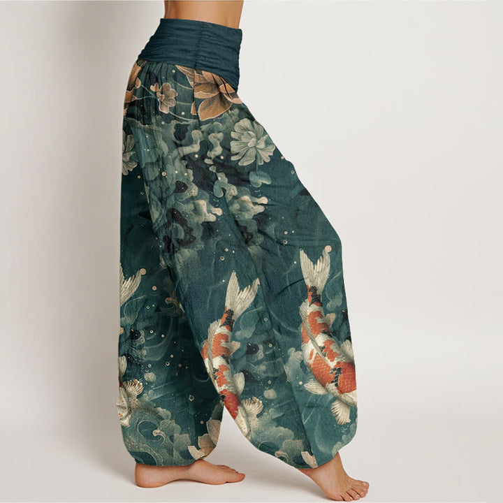 Haremshose für Damen mit elastischer Taille und Buddha Stones aus reiner Baumwolle, buntes Koi-Fisch-Lotusblumen-Design - image 3