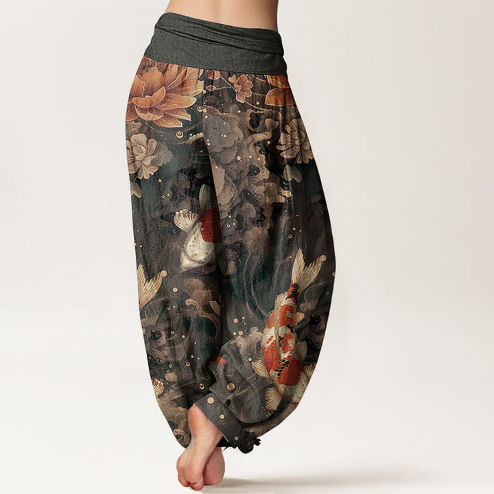 Haremshose für Damen mit elastischer Taille und Buddha Stones aus reiner Baumwolle, buntes Koi-Fisch-Lotusblumen-Design - image 8