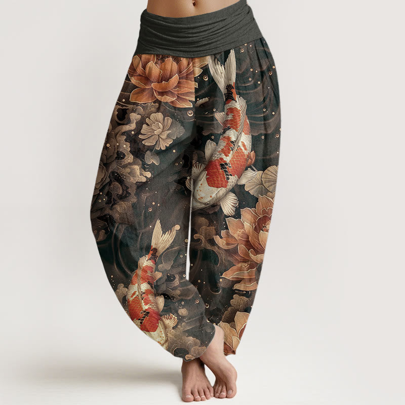 Haremshose für Damen mit elastischer Taille und Buddha Stones aus reiner Baumwolle, buntes Koi-Fisch-Lotusblumen-Design - Bräunen - US22, UK/AU26, EU54 (6XL) - image 6
