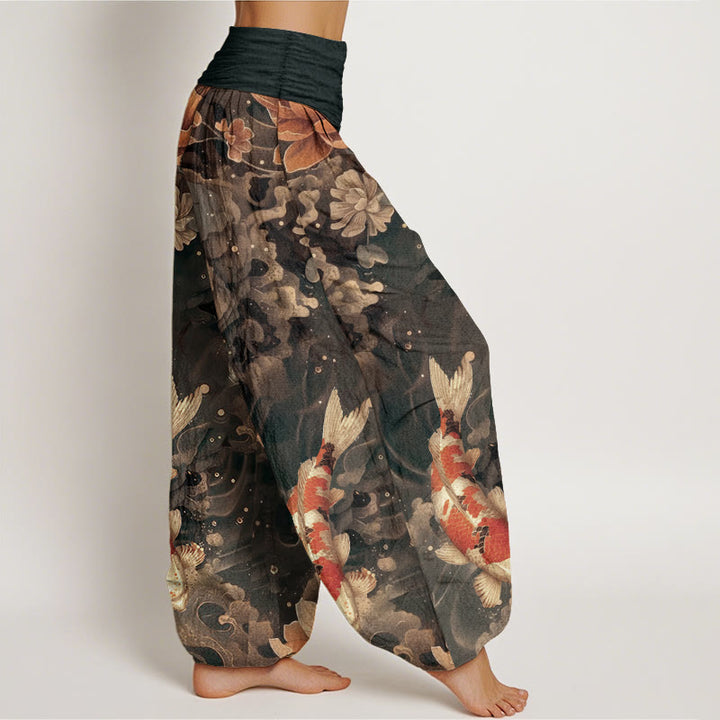 Haremshose für Damen mit elastischer Taille und Buddha Stones aus reiner Baumwolle, buntes Koi-Fisch-Lotusblumen-Design
