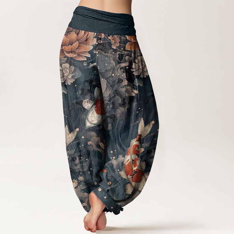 Haremshose für Damen mit elastischer Taille und Buddha Stones aus reiner Baumwolle, buntes Koi-Fisch-Lotusblumen-Design - image 11