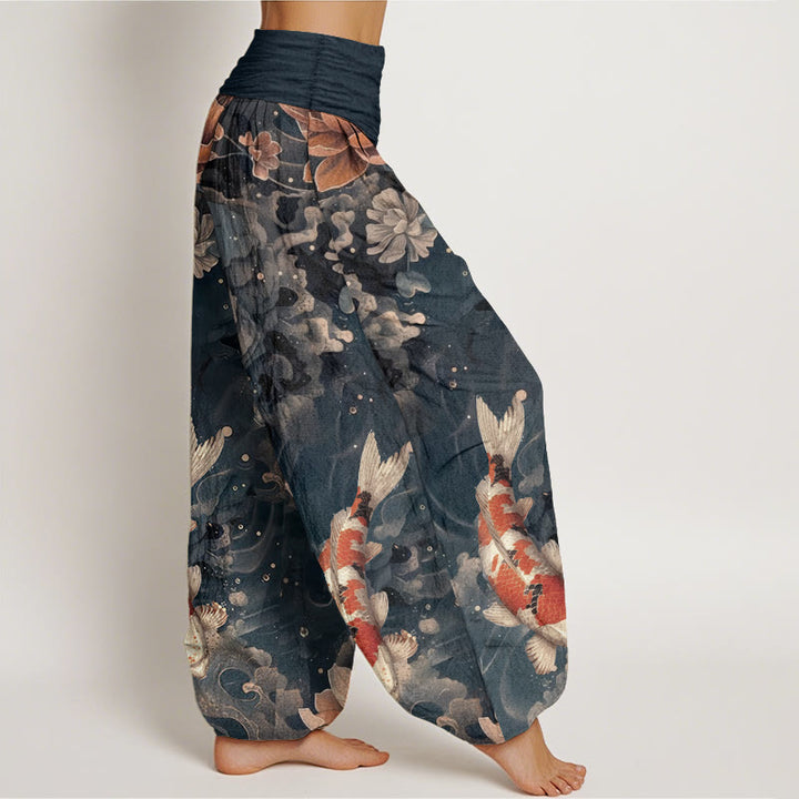 Haremshose für Damen mit elastischer Taille und Buddha Stones aus reiner Baumwolle, buntes Koi-Fisch-Lotusblumen-Design