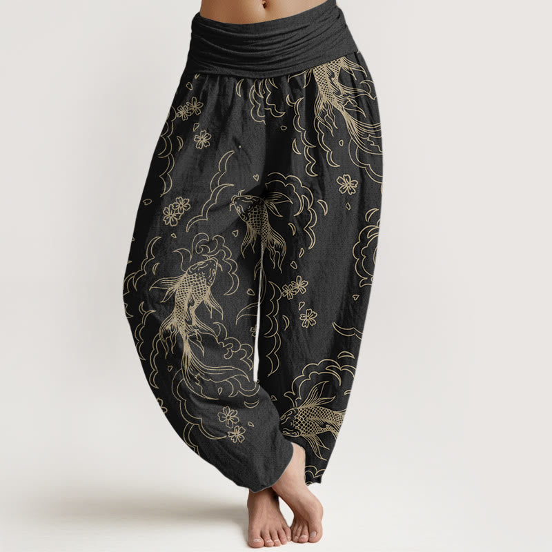 Buddha Stones Damen-Haremshose aus reiner Baumwolle mit Koi-Fisch-Wellen- und Blütenblatt-Muster und elastischer Taille - Schwarz - US22, UK/AU26,EU54 (6XL) - image 1