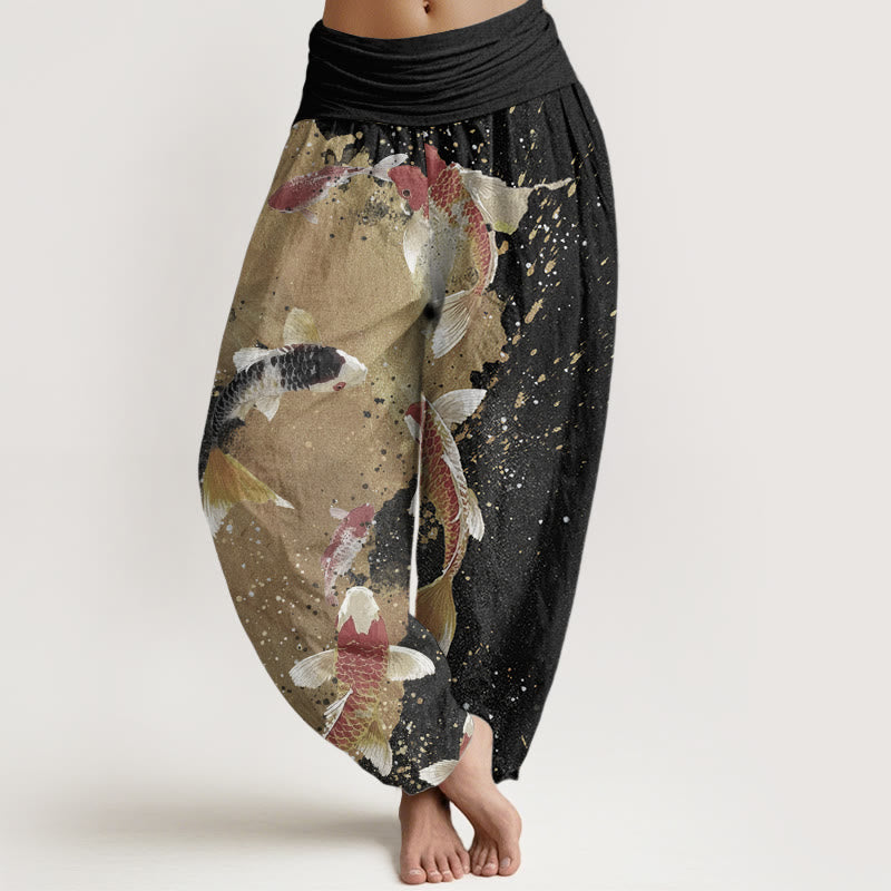 Buddha Stones Damen-Haremshose aus reiner Baumwolle mit Koi-Fisch-Goldtinten-Hintergrundmuster und elastischer Taille - Schwarz - US22, UK/AU26,EU54 (6XL) - image 1