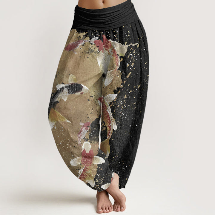 Buddha Stones Damen-Haremshose aus reiner Baumwolle mit Koi-Fisch-Goldtinten-Hintergrundmuster und elastischer Taille